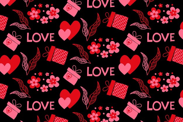 Patrón sin costuras con corazones y flores en un fondo negro artículos románticos lindos