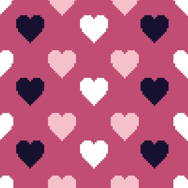 Patrón sin costuras con corazones de píxeles de colores en un fondo rosa en estilo de pixel art