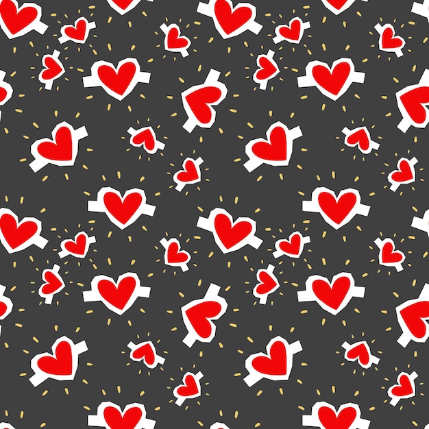 Patrón sin costuras de corazones rojos con diseños energéticos estilizados en fondo oscuro