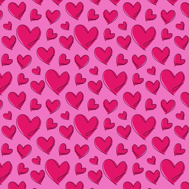 Patrón sin costuras con corazones rosados brillantes dibujados a mano