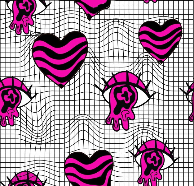 Vector patrón sin costuras de corazones rosados elementos de dibujos animados en estilo retro de moda en fondo de malla rosa y blanco ilustración vectorial