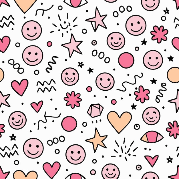 Patrón sin costuras con corazones rosados estrellas y caras sonrientes