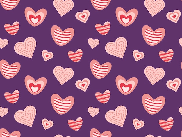 Patrón sin costuras con corazones rosados y rojos de diferentes formas ilustración vectorial para papel de embalaje