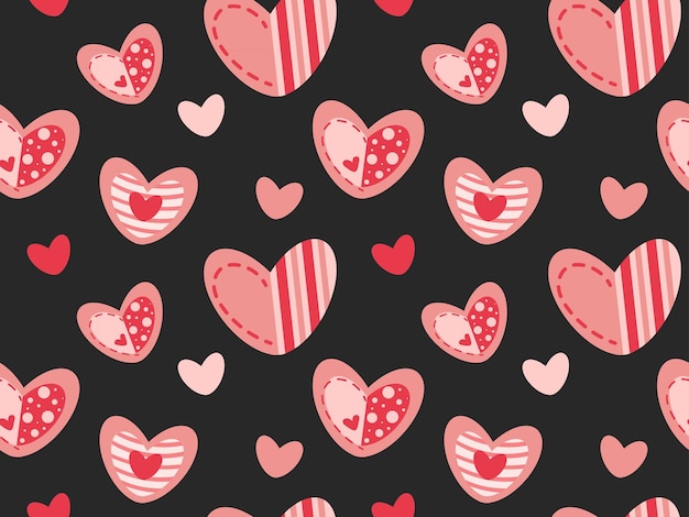 Patrón sin costuras con corazones rosados y rojos sobre un fondo negro lindos corazones rosa románticos para