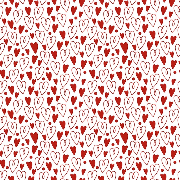 Patrón sin costuras con corazones de san valentín, fondo rojo vectorial, corazones de garabatos. día de san valentín