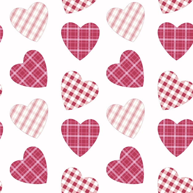 Patrón sin costuras de corazones en texturas a cuadros en tonos rosas y fondo aislado.