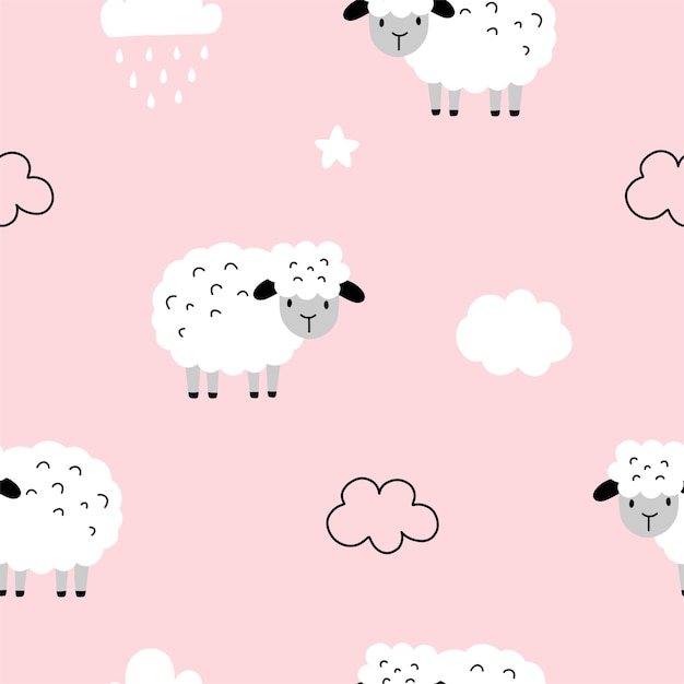Patrón sin costuras con un cordero lindo y una estrella de lluvia de nube para su tela niños ropa textil decoración de guardería papel de regalo de envoltura ilustración vectorial