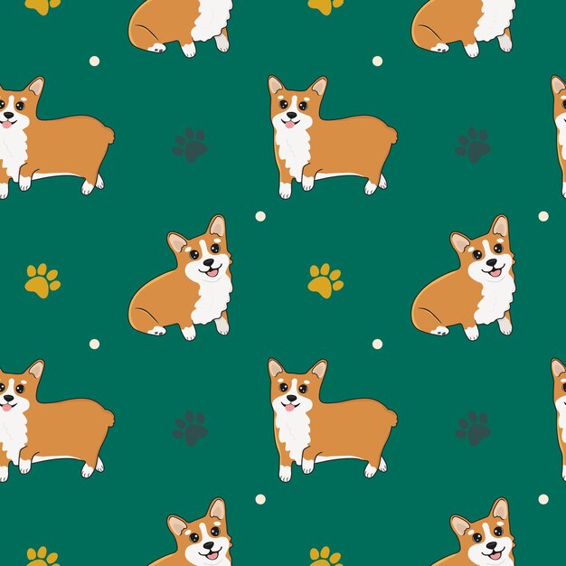 Patrón sin costuras con corgi y patas Juego de mascotas caseras de dibujos animados de lindos cachorros para carteles impresos y postales Fondo animal de corgi vectorial Patrón sin costuras de perrito pequeño divertido