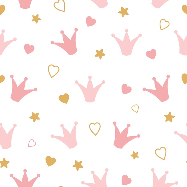Patrón sin costuras con coronas y corazones de garabatos Estampado de bebé lindo romántico Diseño de princesa pequeña Fondo de pantalla rosa para niña Ilustración vectorial para niños tela tela niños pijamas Fondo rosa
