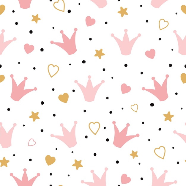 Patrón sin costuras con coronas y corazones de garabatos Estampado de bebé lindo romántico Diseño de princesa pequeña Fondo de pantalla rosa para niña Ilustración vectorial para niños tela tela niños pijamas Fondo rosa