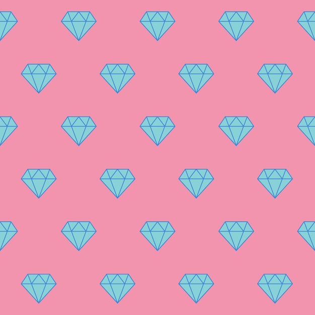 Patrón sin costuras con cristales azules sobre un fondo rosa Ilustración plana Símbolo de diamante o cristal