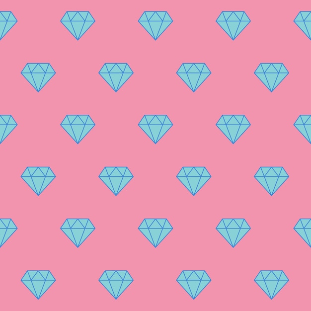 Patrón sin costuras con cristales azules sobre un fondo rosa ilustración plana símbolo de diamante o cristal