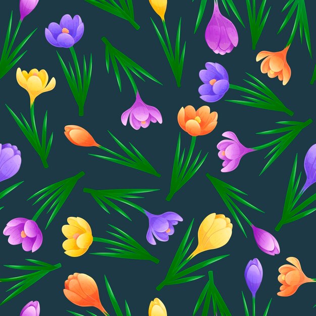 Patrón sin costuras con crocus multicolores en un fondo oscuro el concepto de vector de primavera de la naturaleza