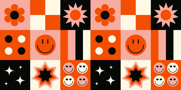 Patrón sin costuras a cuadros fondo colorido formas geométricas planas flores brillantes cara sonriente