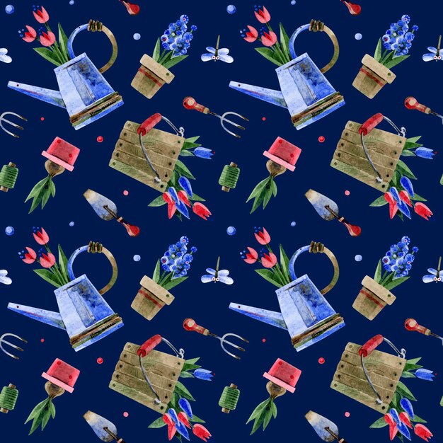 Patrón sin costuras de un cubo de madera con herramientas de tulipanes regadera Ilustraciones de acuarela dibujadas a mano sobre un fondo azul Para mercados de flores papel tapiz textiles scrapbooking embalaje