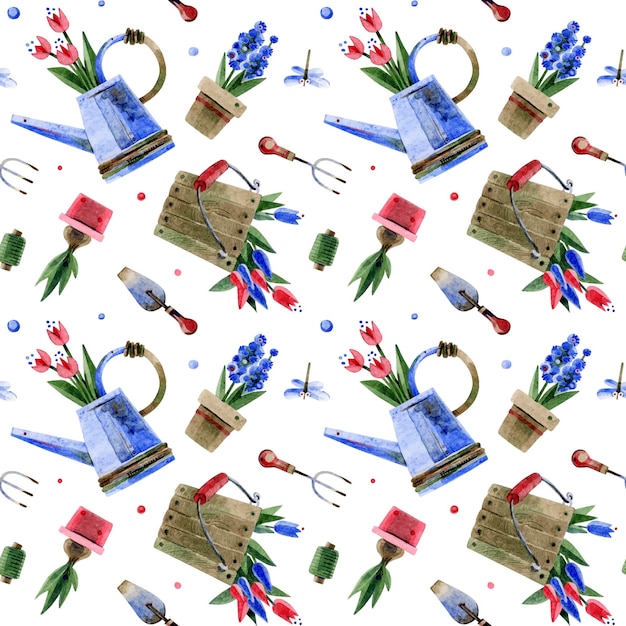 Patrón sin costuras de un cubo de madera con herramientas de tulipanes regadera Ilustraciones de acuarela dibujadas a mano sobre un fondo blanco Para mercados de flores papel tapiz textiles scrapbooking embalaje
