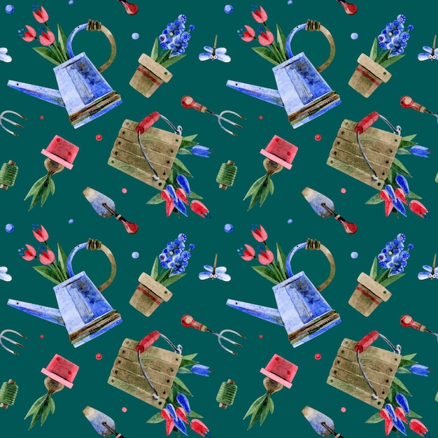 Patrón sin costuras de un cubo de madera con herramientas de tulipanes regadera Ilustraciones de acuarela dibujadas a mano sobre un fondo turquesa Para mercados de flores papel tapiz textiles scrapbooking embalaje