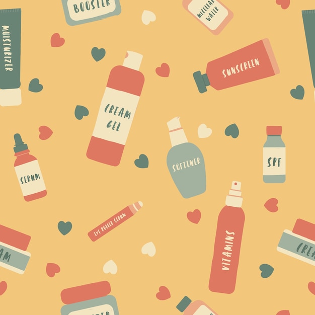 Patrón sin costuras para el cuidado de la piel sobre un fondo amarillo botellas tubo dispensador y frascos Productos cosméticos dibujados a mano crema suero humectante loción spa Vector plano backgroundx9xA