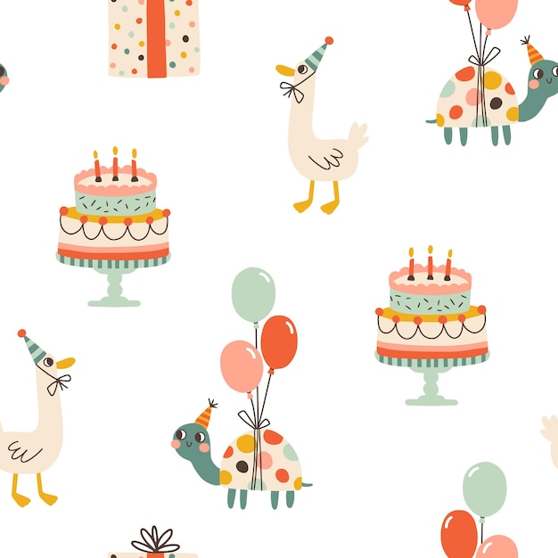 Patrón sin costuras de cumpleaños con animales lindos Ilustración de dibujos animados de vector dibujada a mano