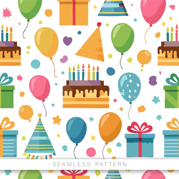 El patrón sin costuras de cumpleaños con elementos en la imagen son pastel y globos para transmitir felicidad