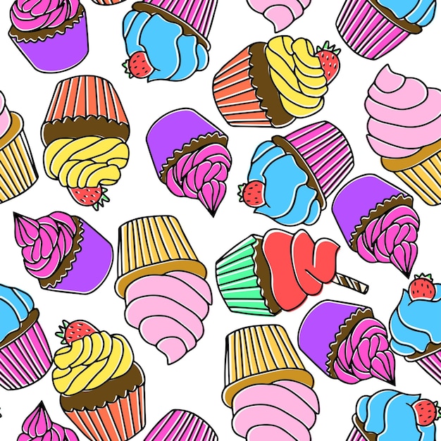 Patrón sin costuras con cupcake o muffins. Dibujar a mano desiertos de arte de línea de contorno dulce de color. Vector