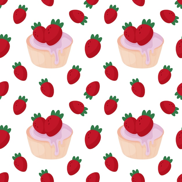 Patrón sin costuras de cupcakes de fresa de dibujos animados