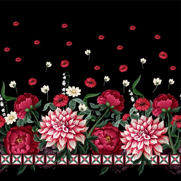 Patrón sin costuras con dahlia peonías flores silvestres y elementos geométricos Vector