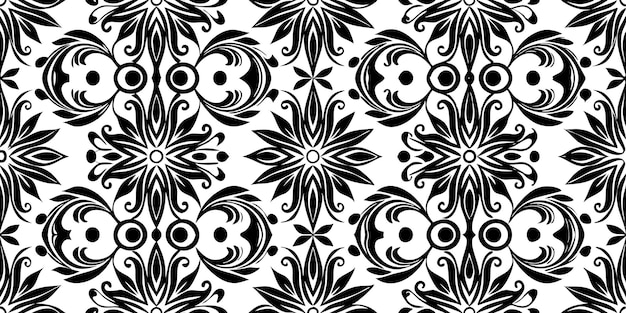 Patrón sin costuras de damasco floral blanco y negro