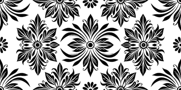 Patrón sin costuras de damasco floral blanco y negro