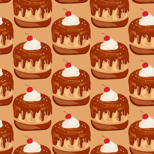 Patrón sin costuras para la decoración de la cocina y más delicioso pastel de chocolate con crema batida