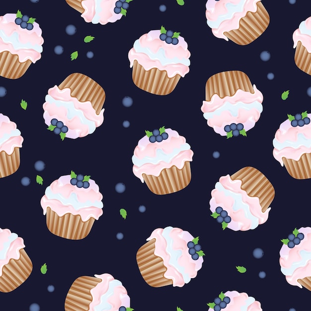 Patrón sin costuras para la decoración de la cocina y más delicioso pastel con crema batida y arándanos Ilustración de dibujos animados vectoriales de comida dulce