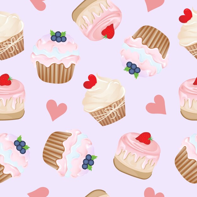 Patrón sin costuras para la decoración de la cocina y más delicioso pastel con crema batida y corazón de bayas