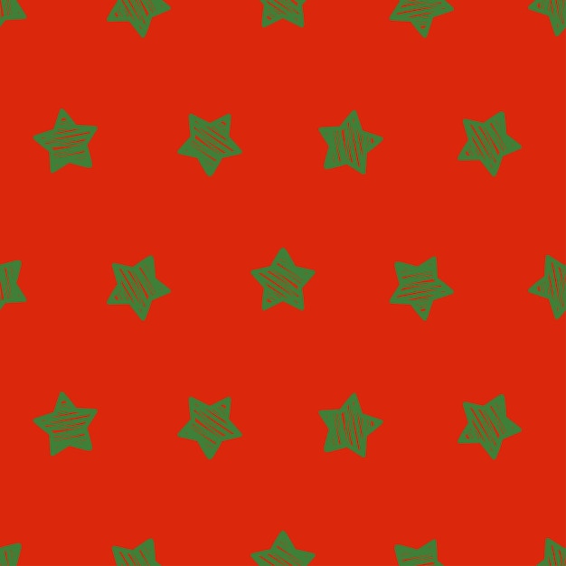 Patrón sin costuras con decoración navideña Estrellas verdes con fondo rojo