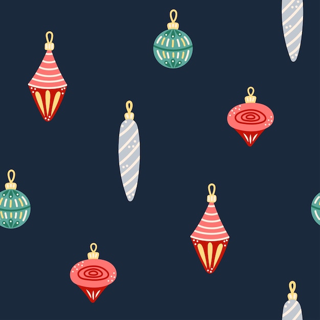 Patrón sin costuras con decoraciones de árbol de Navidad de vidrio en fondo oscuro Ilustración vectorial de Navidad y Año Nuevo