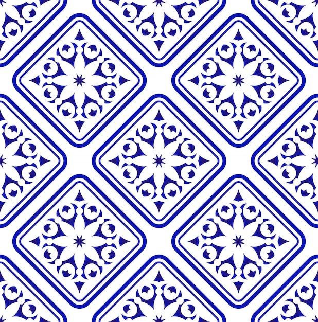 Vector patrón sin costuras decorativo floral azul y blanco
