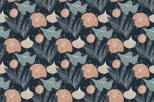 Patrón sin costuras con delicadas flores de arte de línea y formas abstractas en blush suave y tonos azules en