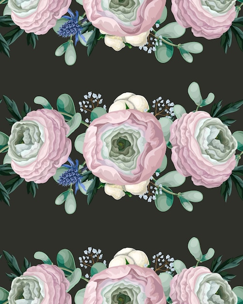 Patrón sin costuras con delicado eucalipto ranúnculo y flores silvestres Vector
