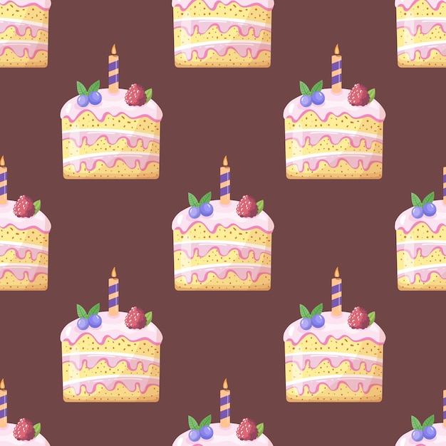 Patrón sin costuras de deliciosa rebanada de pastel de cumpleaños con vela para la celebración