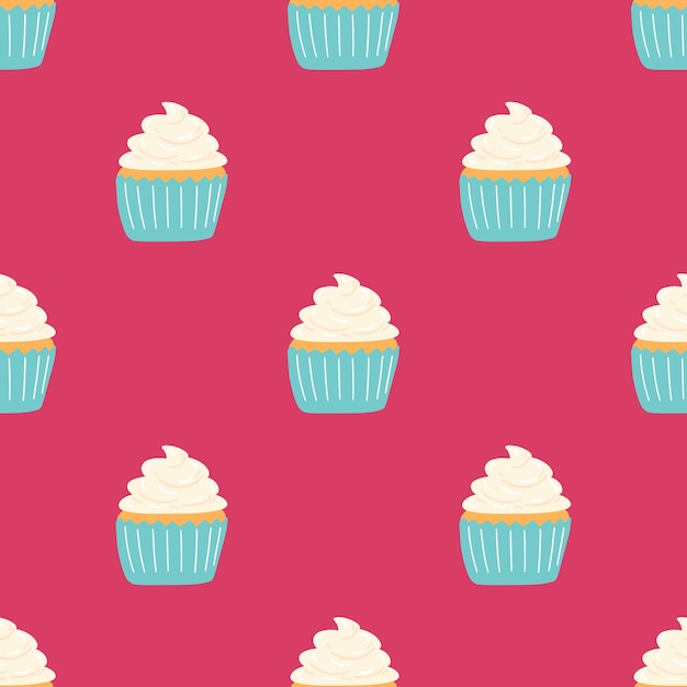Patrón sin costuras con delicioso cupcake en estilo de dibujos animados Fondo vectorial con dulces pasteles de postre