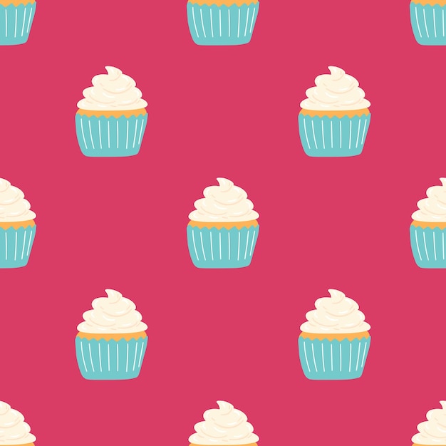 Patrón sin costuras con delicioso cupcake en estilo de dibujos animados Fondo vectorial con dulces pasteles de postre