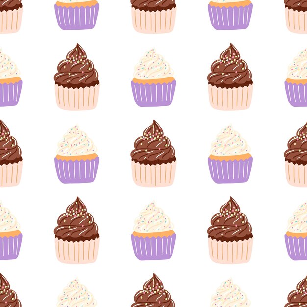 Patrón sin costuras con delicioso cupcake en estilo de dibujos animados Fondo vectorial con dulces pasteles de postre