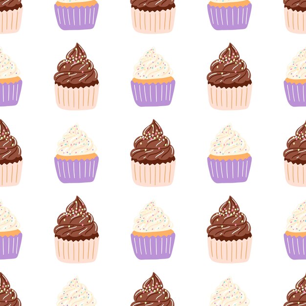 Patrón sin costuras con delicioso cupcake en estilo de dibujos animados Fondo vectorial con dulces pasteles de postre