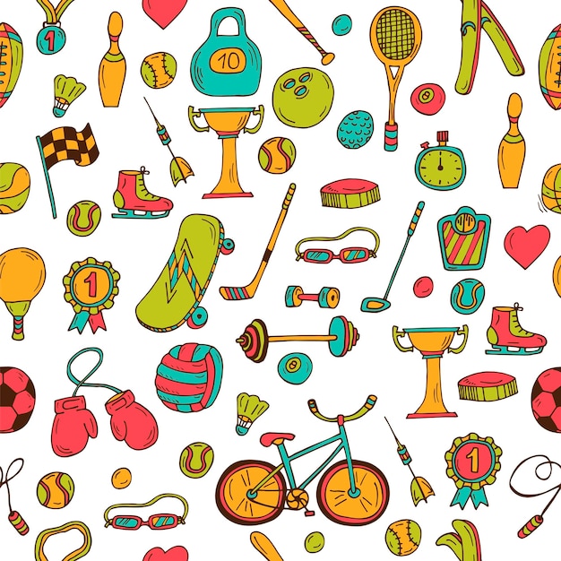 Patrón sin costuras de deporte de fitness dibujado a mano Iconos de Doodle en estilo boceto