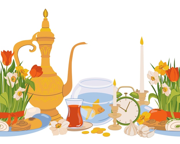 Patrón sin costuras para el Día Internacional de Nowruz El Año Nuevo iraní es un día santo y fiesta religiosa de los zoroastrianos y bahá'ís Espejo hierba verde dulces velas vinagre flores vector plano