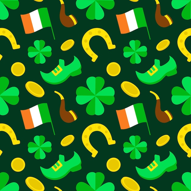 Patrón sin costuras del día de San Patricio con elementos decorativos en una ilustración dibujada a mano