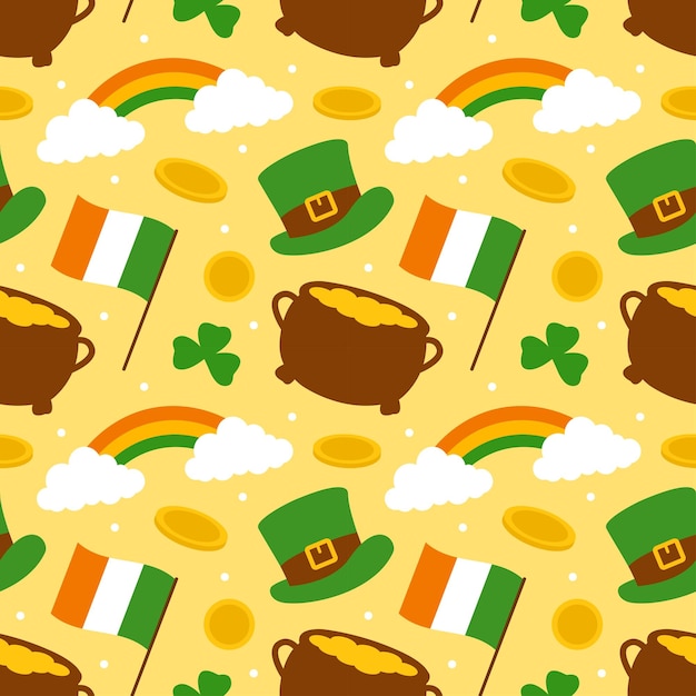 Patrón sin costuras del día de San Patricio con elementos decorativos en una ilustración dibujada a mano