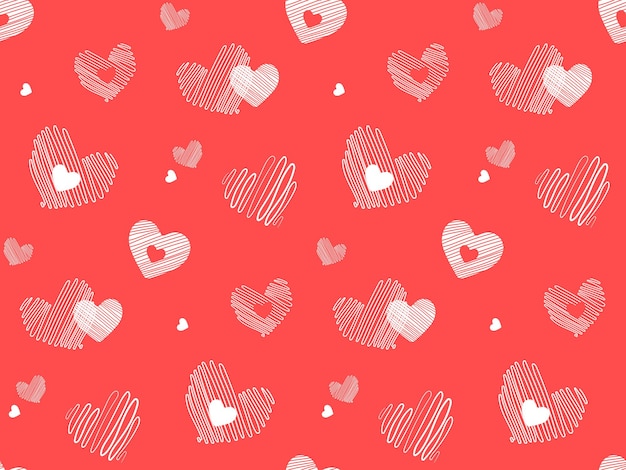 Patrón sin costuras del día de San Valentín con corazones blancos sobre fondo rojo Garabatos dibujados a mano
