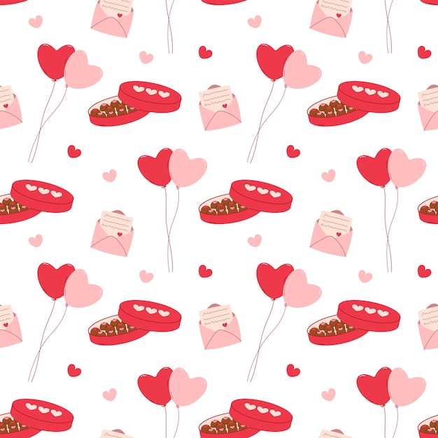 Patrón sin costuras del Día de San Valentín con globos y caja de chocolates Ilustración vectorial plana