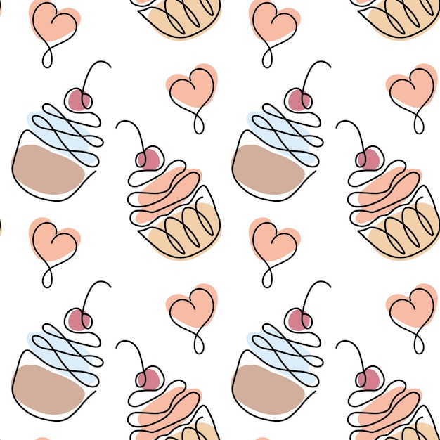 Patrón sin costuras dibujado cupcakes de contorno y corazones con manchas de colores Arte de línea de impresión