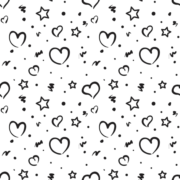 Patrón sin costuras dibujado a mano con corazones y estrellas